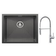 Cecipa - Lavello Da Cucina A 1 Vasca 50 X 44 Cm In Acciaio Inox Nero + Miscelatore Da Cucina A Molla Con Doccetta Estraibile, Rubinetto Lavello 2 
