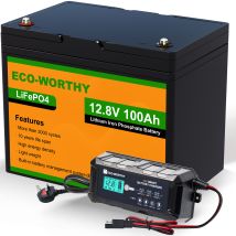 Eco-worthy - 12.8v 100ah Lithium Lifepo4 Battery And 12v 10a Automatic Smart Battery Charger And Maintainer,built-in Bms,4000+ Deep Cycle,for Rv,