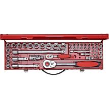 Juego de llaves y vasos 1/4" y 1/2" – 49 piezas – Acero de vanadio – Acabado cromado