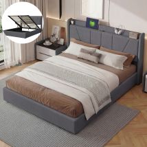 Lit Coffre 140 X 200 Cm, Lit 140x200 Avec Sommier, Lit Adulte Avec Port Usb, Cadre De Lit, Avec Tete De Lit, Gris Foncé, Matière Lin