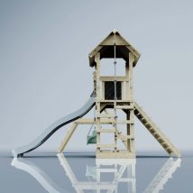 POLARPLAY Spielturm Kiruna aus Holz – Doppelschaukel – Plattformhöhe 120 cm – Rutschenlänge 220 cm – Farbe Eisblau