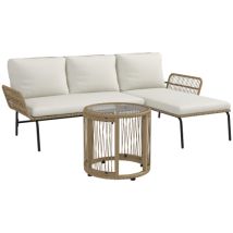 Ensemble De Mobilier De Jardin En Rotin Comprenant Une Chaise Longue, Une Table Basse, Un Canapé Deux Places Et Des Coussins De Siège Couleur Crème, 