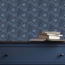 Fresco – Liquid Marble Wallpaper – Navy Blue with Gold Veining – 10.05m x 0.52m – Modern Abstract Design