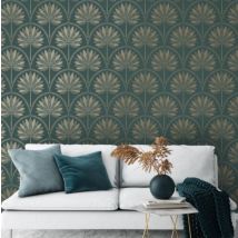 Holden Decor - Holden Teal Metallic Gold Tropical Palm Trees Leaves Feature Wallpaper