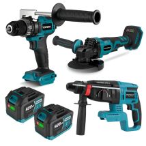 Onevan - Pack De 4 Plusieurs Outils Électroportatifs,perceuse À Percussion 13 Mm+ Perforateur Burineur 26mm+ Meuleuse 125mm+ Deux Batteries 928vf Et 