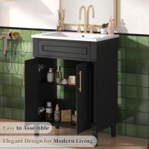 Lavabo 24 Pollici Con Lavabo In Ceramica Integrata, Mobile Contenitore Con 2 Ante, Lavabo Singolo Per Bagni Piccoli E Medi
