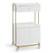 M Mcombo Servierwagen Mit Rollen & Schublade, Rollwagen Friseurwagen Weiß-gold, Salon Trolley Mit 2 Ablagen Und Schrank, Moderner Arbeitswagen Für Bad