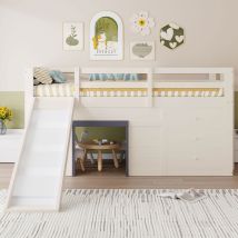 Hochbett Kinder 90x200 Cm - Mit Rutsche - 3 Schubladen - 2 Türen - Mdf-kiefer Struktur - Creme - Ohne Lattenrost - Integrierter Stauraum - Weiß