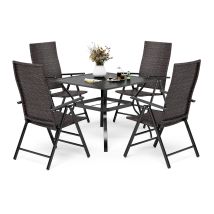 Patio Table And Chairs Set, 4 Wicker Rattan Folding Rattan Chairs, 94 Cm Square Metal Steel Slat Table With 4cm Umbrella Hole For Garden, Poolside, 
