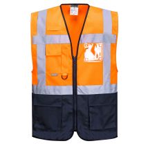 Rs Pro - Chaleco Executive Warsaw Bicolor De Cierre Central Con Cremallera, Multibolsillos Portwest C476 S Naranja Flúor / Azul Marino