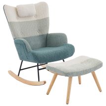 Caizifauteuil À Bascule En Bouclette, Style Patchwork Rayé Multicolore, Pieds En Bois D’hévéa, Structure En Fer Pulvérisé, Fauteuil De Salon Et De 