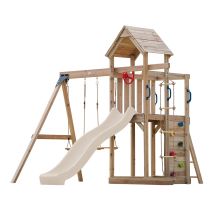 Axi Moos Aire De Jeux En Bois Avec 2 Balançoires, Toboggan Crème, Echelle En Corde / Aire De Jeux Extérieur Avec Balançoires/ Bac À Sable/mur 