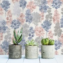 Holden - Navy Whinfell Tree Wallpaper Coral Hand Painted Effect Silver Metallic Shimmer