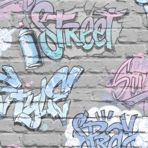 Children's Graffiti Brick Wallpaper Metallic Pink Blue Grey Lilac Urban Ugepa