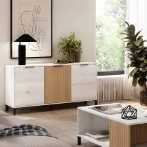 Mueble Aparador De Salón Comedor Tokio Estilo Nórdico En Color Blanco Albo Y Roble Rayado Con 3 Puertas 136 Cm