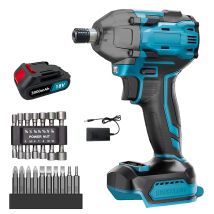 Schlagschrauber, 1/4 Zoll Akku-schlagschrauber-bohrschrauber-set, 420 Nm, 10 Bohrer, 14 Steckschlüsseleinsätze, 1x 3,0-a-akku + Ladegerät, Kompatibel 