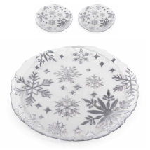 Piatti Natalizi Tondi In Vetro Con Decori Argentati A Fiocco Di Neve - Set 2 Pezzi Ø32,5 Cm