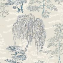 Arthouse - Oriental Garden Blue White Wallpaper Metallic Silver Gold Floral Trees