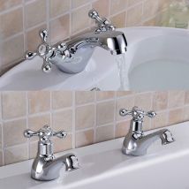 Nes Home - Stafford Victorian Traditional Cross Head Chrome Twin Bath Filler Taps & Basin Sink Mono Mixer Tap