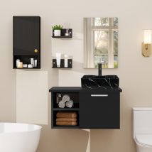 Puluomis Ensemble De Meuble-lavabo, Meuble Mural - Vasque, Meuble Mural À Rayures Noires, Meuble-lavabo En Bois Noir - Avec Miroir, Vasque -robinet, 