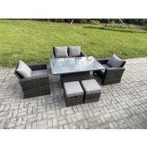 Gartenmöbel-set Im Freien 6-sitzer Poly Rattan Sitzgruppe Mit Einstellbare Höhe Esstisch 2 Kleiner Fußhocker Dunkelgrau Gemischt - Fimous