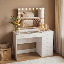 Fenchilin Coiffeuse Avec Éclairage Led, Luminosité Réglable, 8 Tiroirs, 120 X 81 X 55 Cm,miroir De Courtoisie Inclus, Blanc