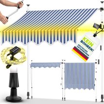 Tillvex Toldo De 300 Cm Azul/blanco Con Led Solar Y Manivela Para Balcón Toldo Para Balcón Sin Taladrar Toldo Resistente A Los Rayos Uv Y Regulable En