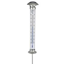 Solar-Thermometer mit Dämmerungssensor – LED Lichtfarbe 5000K – Temperaturanzeige -30 bis +50°C – Höhe 112 cm – Silber
