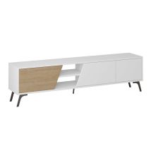 Mueble TV Fiona 180 cm Blanco Roble – Melamina 18 mm – Estructura metálica negra – Diseño elegante y resistente