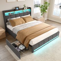 Doppelbett 140 X 190 Cm, Erwachsenenbett 140 X 190, Mit Led Und 4 Schubladen, Bettgestell, Mit Usb-anschluss, Mit Kopfteil, Grau, Leinen