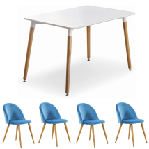 Life Interiors - Halo Lucia Dining Set - A White Wooden Dining Table And Set Of 4 Blue Velvet Dining Chairs - Dining Room Kitchen