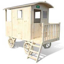 Casita De Madera Infantil Móvil Roulotte Carry 262,4x155,4x203,3 Cm - Casita De Jardín Para Niños Con Diseño De Caravana - Madera Natural 