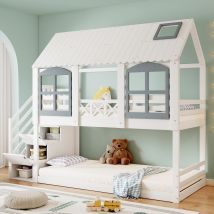 Cama Litera 90x200 Cm Cama Infantil, Cama Tipo Casa Con Barandilla Anticaídas Y 3 Compartimentos En La Escalera, De Pino+mdf, Blanca+gris