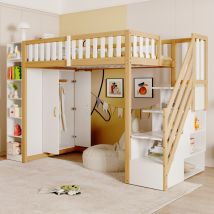 Lit Mezzanine Multifonctionnel Avec Grande Penderie, Placard, Étagères Et Échelle Sécurisée À Rangement, Design Moderne Contrasté, Sans Matelas, Blanc