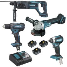 Mulliez Et Flory - Set 4 Macchine Lxt 18 V - Smerigliatrice Dga504 + Trapano Ddf482 + Perforatore Dhr241 + Avvitatore Dtd153 - Makita - 3 Batterie 18v