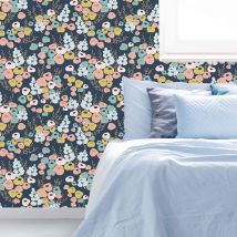 Lily Multicolore Wallpaper Floral Flowers Navy Blue Pink Peach Yellow Gold