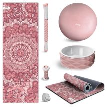 FITFIU Fitness Yoga Zubehör Set 6 Teile Rosa – Yogamatte, Gymnastikball, Yoga-Rad, Fußmassagegerät, Massagerolle, Yogagurt