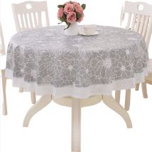 Tablecloth Rond - Vinyle Imperméable - Dos Flanelle Polyester - Motif Feuille Bleue - Diamètre 152 Cm - Pour Cuisine Bbq Jardin Intérieur