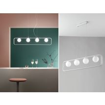 Pendelleuchte Roxy 4 Flammig Metall Weiß & Opal Glaskugeln, Breite 100cm