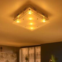 Plafonnier Acier Brossé Plafonnier Led Verre Satiné Lampe De Salon 6 Ampoules, Métal, 6x 3w 6x 210lm Blanc Chaud, Lxh 30x8 Cm