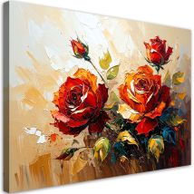 Tableau Déco Roses Rouges Fleurs Sur Fond Beige Effet Peinture 60x40