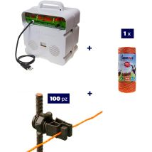 Kit Completo Per Recinto Elettrico Con 1 X Elettrificatore 220v + 1 X Filo 250 Mt 2 Mm² + 100 Pezzi Isolatori Per Paletti In Ferro - Recinzione 