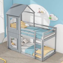 Letto A Castello Per Bambini 90x200 Cm, Letto A Casetta Con Scaletta, Baldacchino, Letto A Soppalco Con Barriera Di Sicurezza, Grigio