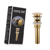 Komiro - Brass Bathroom Basin Sink Slotted Waste Drain Stopper Modern Pop Up Click Clack Sprung Plug With Overflow, Brushed Gold