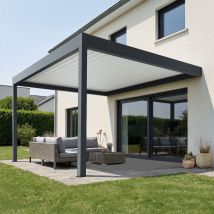 Pergola Bioclimatique Adossée Spinelle (motorisation À Télécommande + Led - Gris Anthracite Ral 7016 (armature) Blanc Ral 9010 (lames) - 4.50 X 6.037 