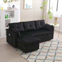 Yoleo – Canapé D'Angle 3 Places Convertible Avec Coffre De Rangement – Tissu Rayé Durable – Dimensions 206x130x66-88cm – Style Moderne Noir