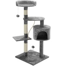 Cadoca - Katzenbaum 112 Cm Mit Katzenhöhle + 3 Aussichtplattformen + 2 Spielbälle + 1 Spielseil Kratzbaum Katzenkratzbaum Katzenmöbel Grau