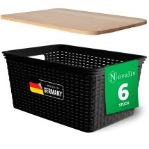 6x Aufbewahrungsboxen mit Holzdeckel 14 Liter Volumen Hochwertiger Kunststoff Stapelbar und nestbar Lebensmittelecht