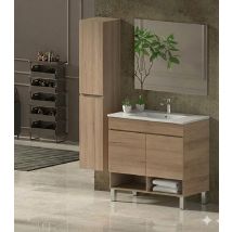 Conjunto Mueble De Baño Nebari Con Patas Ya Montado 2 Puertas, Lavabo Y Espejo Estepa 100x40 Cm Con Columna