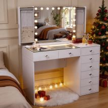 Fenchilin Tocador Con Iluminación Led, Intensidad Regulable, 8 Cajones, 120 X 81 X 55 Cm, Con Espejo De Maquillaje Incluido, Blanco